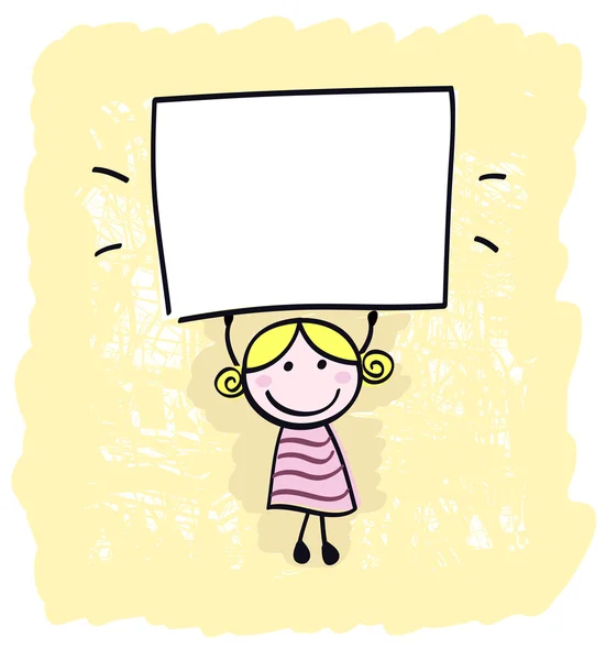 Happy little kid girl holding empty blank banner sign. — Stock Vector
