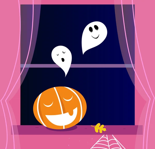 Janela Halloween cena com fantasmas e cabeça de abóbora laranja —  Vetores de Stock