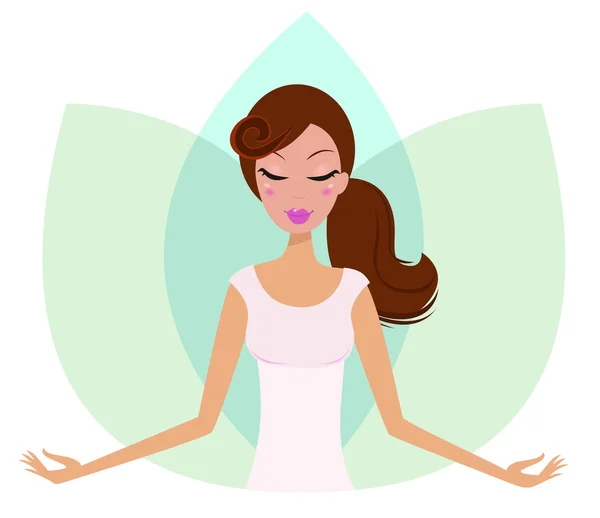 Yoga meditierende süße Mädchen in Lotusblume isoliert auf weiß — Stockvektor