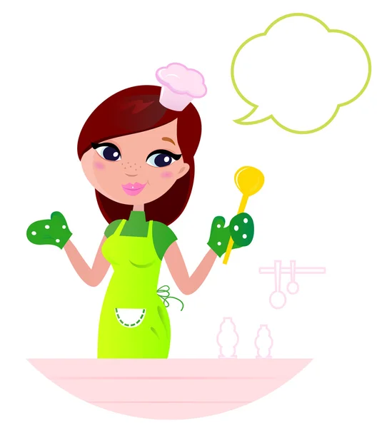 Jovem mulher bonita com fala bolha cozinhar na cozinha . — Vetor de Stock
