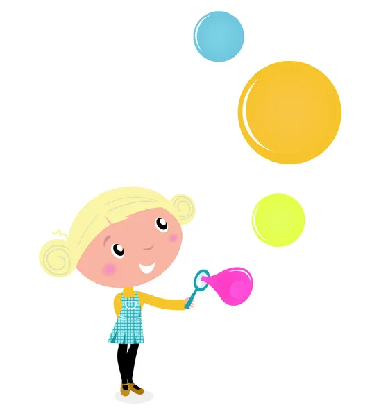 Linda niña rubia soplando burbujas de jabón de colores . — Vector de stock