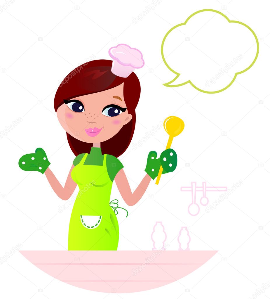 Young beautiful woman with speech bubble cooking in the kitchen.