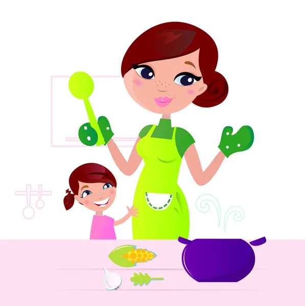 Мать готовит здоровую пищу вместе с ребенком на кухне — стоковый вектор