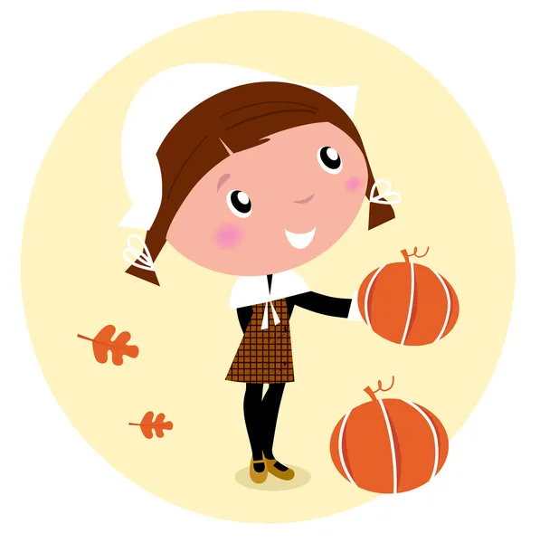 Jour de Thanksgiving, Récolte - Enfant pèlerin avec tête de citrouille — Image vectorielle