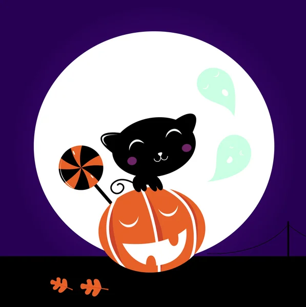 Lindo gato negro, cabeza de calabaza y piruleta dulce — Archivo Imágenes Vectoriales