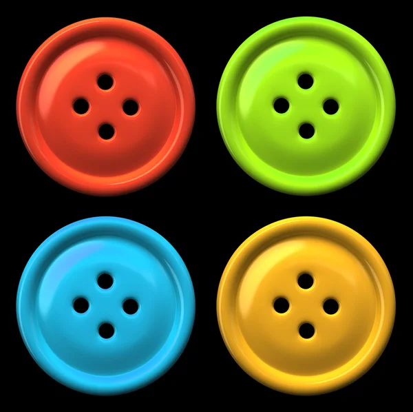 Quatro botões coloridos para roupas isoladas em fundo preto — Fotografia de Stock