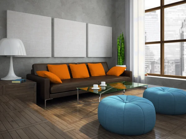 Parte del moderno soggiorno con pouf blu — Foto Stock