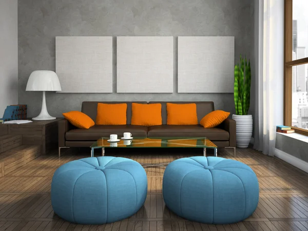 Del av det moderna vardagsrummet med blå ottomanerna — Stockfoto
