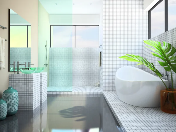 Современный интерьер белой ванной комнаты 3D — стоковое фото