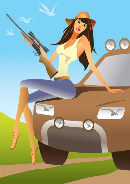 坐在越野汽车上的女猎手 — 图库矢量图片