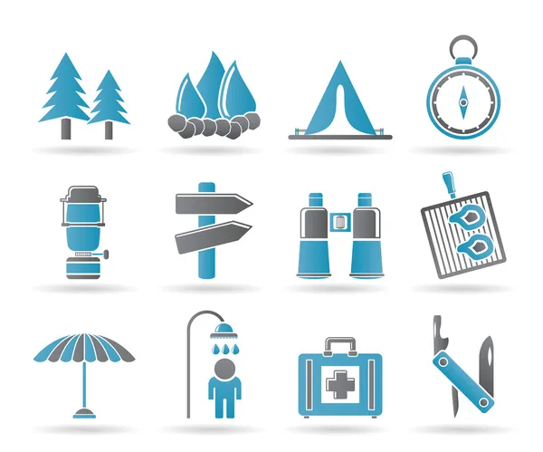 Camping, reizen en toerisme pictogrammen — Stockvector