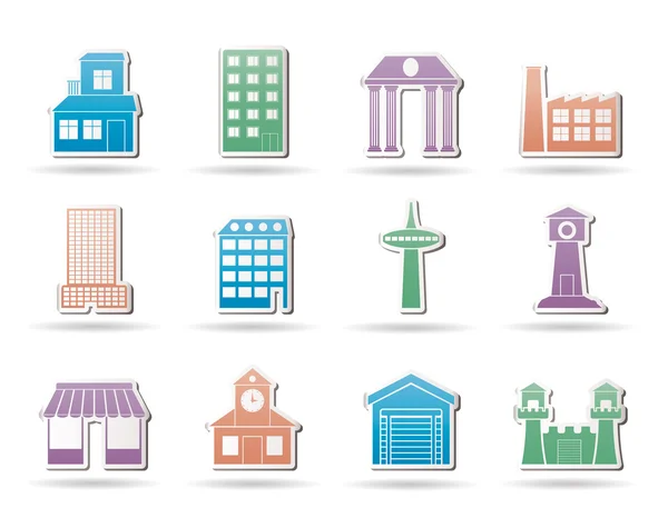 Diferentes tipos de construção e ícones da cidade — Vetor de Stock
