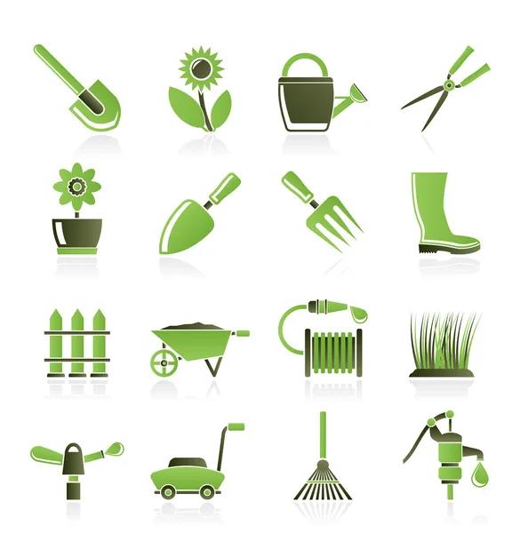 Jardín y herramientas de jardinería y objetos iconos — Vector de stock