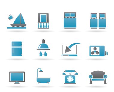 Hotel and motel room facilities icons clipart