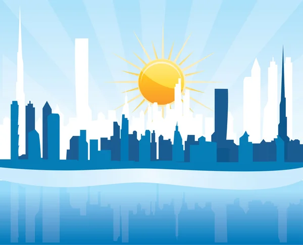 Paysage urbain Dubaï, scène du lever du soleil avec des gratte-ciel — Image vectorielle