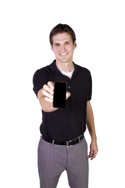 Beyaz işadamı cep telefonu tutan — Stok fotoğraf