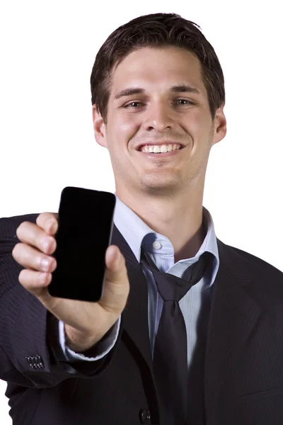Белый бизнесмен держит мобильный телефон — стоковое фото