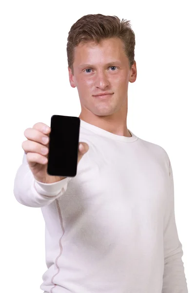 Vita affärsmannen innehar en mobiltelefon — Stockfoto
