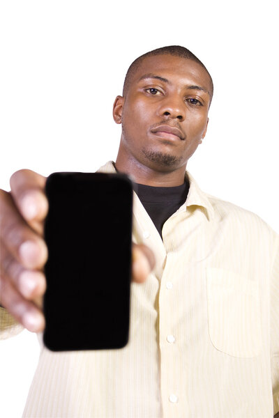 Isolated Black Businessman Showing His Cell Phone
