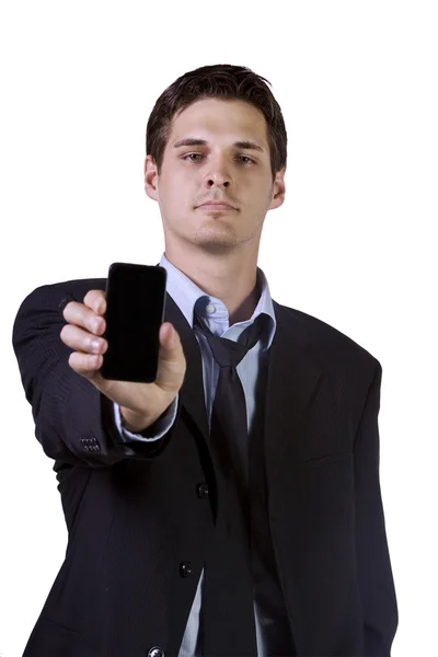 Uomo d'affari bianco che tiene un telefono cellulare — Foto Stock