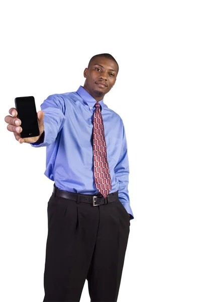 Biznesmen czarny trzymając telefon komórkowy — Zdjęcie stockowe
