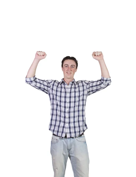 Casual zakenman opstaan met zijn armen omhoog — Stockfoto