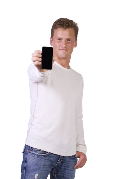 Witte zakenman houden van een mobiele telefoon — Stockfoto