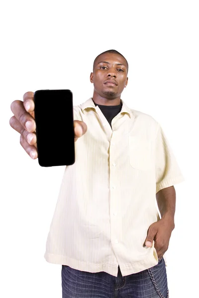 Uomo d'affari nero in possesso di un telefono cellulare — Foto Stock