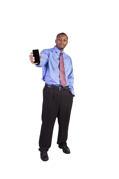 Černé podnikatel drží mobil — Stock fotografie