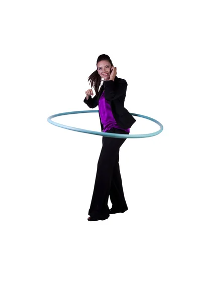 A happy businesswoman exercising with a hula- hoop — Stock Photo, Image