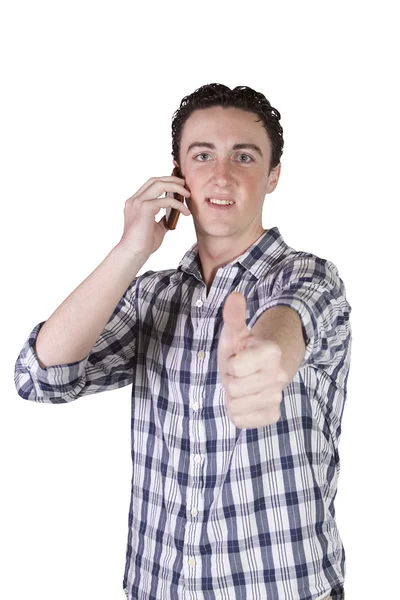 Empresario casual hablando por teléfono mientras da los pulgares —  Fotos de Stock