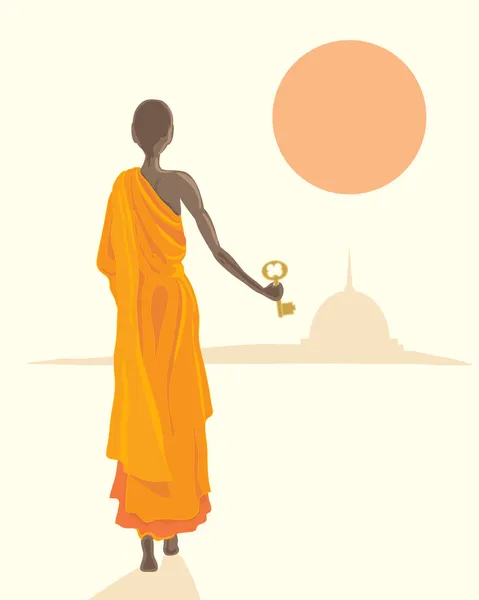 Monje budista con llave dorada — Vector de stock