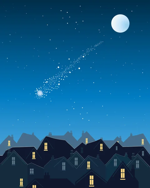 Shooting star over the city — Stock Vector