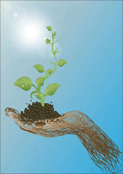 Vector illustration a green sprout on a hand from a rod against — Stock Vector