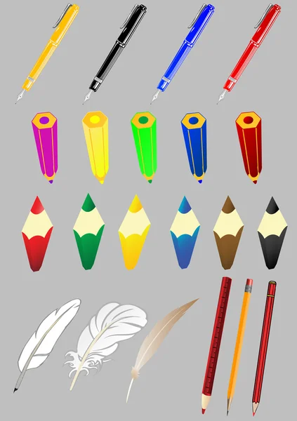 Vector set of subjects of office the handle a pencil a feather — Stock Vector