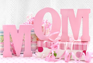 MOM letters and pretty wrapped gifts clipart