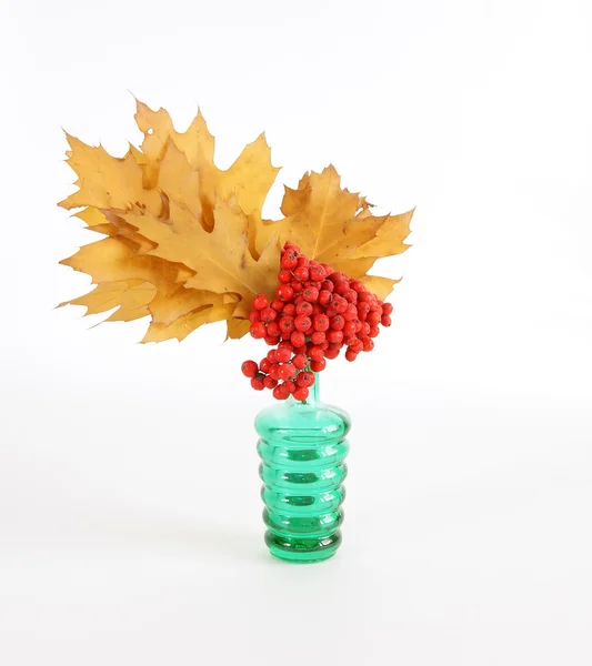 Осенний букет с ясенем и дубовыми листьями в вазе с цветным стеклом на вазе — стоковое фото