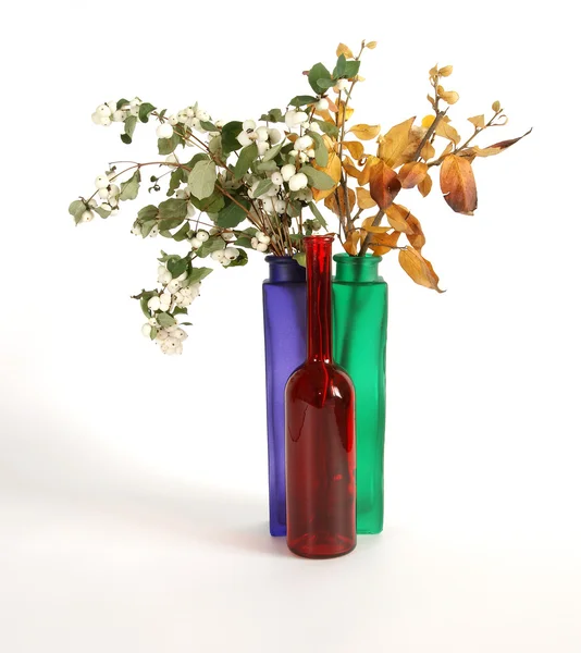 白い背景の上の色付きガラスの花瓶に秋の花束 — ストック写真