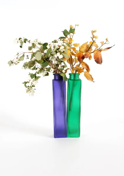 Φθινοπώρου ανθοδέσμη σε ένα βάζο με χρωματιστό γυαλί σε λευκό φόντο — Φωτογραφία Αρχείου