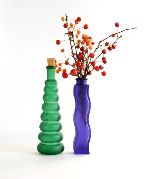 着色されたガラス花瓶に小さなリンゴの枝の静物 — ストック写真
