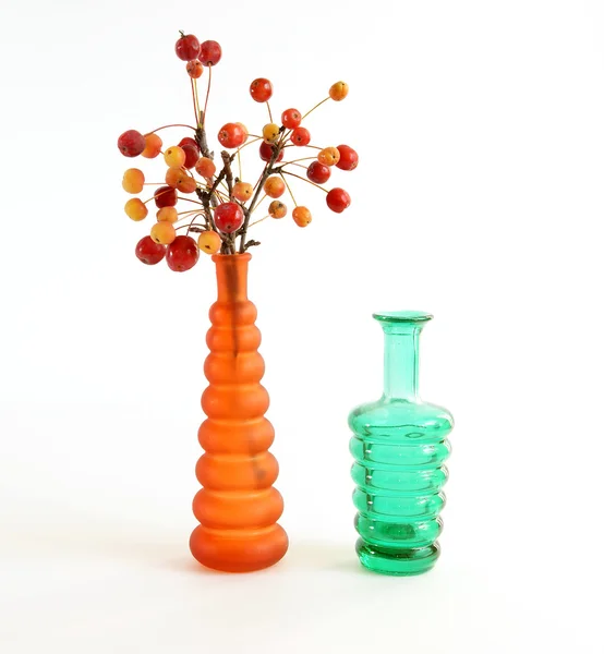 Bodegón de una rama con pequeñas manzanas en jarrón de vidrio de color — Foto de Stock