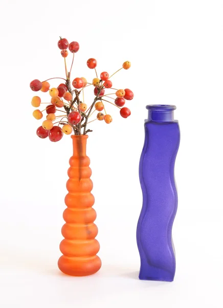Still life of a branch with small apples in colored glass vase — Stock Photo, Image