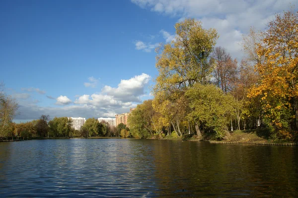 Podzimní krajina s rybníkem, vorontsov park, Moskva, Rusko — Stock fotografie