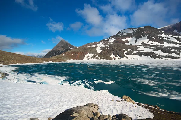 Jezero pokryté ledem v severním Norsku v létě — Stock fotografie