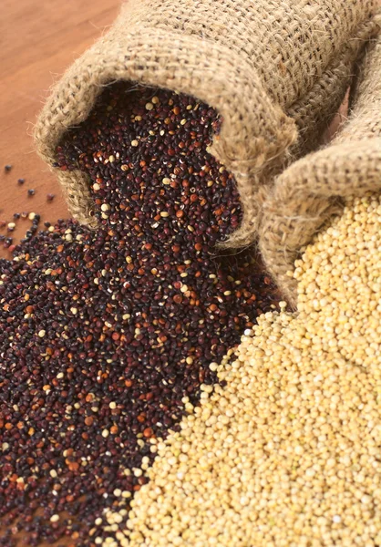 Rohe Quinoa-Körner im Jutesack — Stockfoto