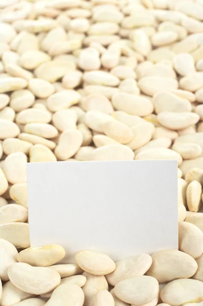 Frijol de mantequilla seco con tarjeta en blanco — Foto de Stock