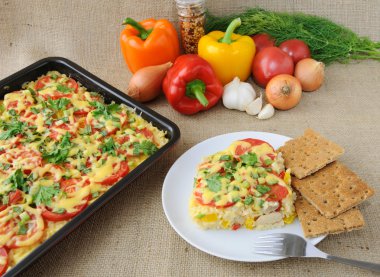 Rice casserole with vegetables Chicken fillet with tomato and ch clipart