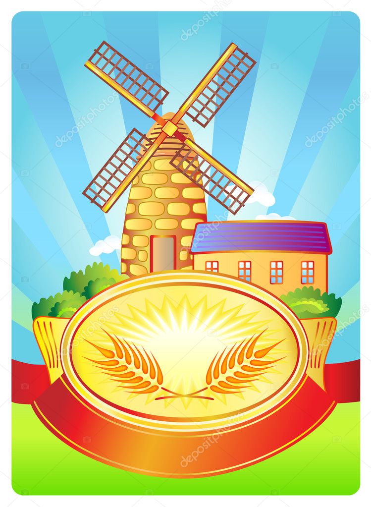 Vector illustration with banner, windmill and wheat