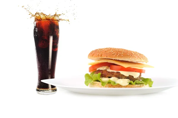 Hamburger with cutlet and drink — Stock Photo, Image