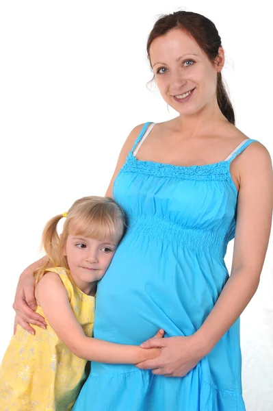 Kvinna i blå klänning med dotter. — Stockfoto